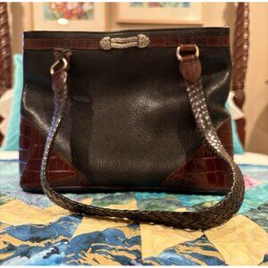 BRIGHTON Satchel Organizer Bag Black Brown Pebble Leather Hobo Braided Strap